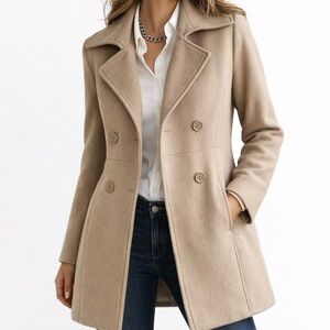 Camel Coat Wool 80% 3/4  Length Double Breasted Lined Classic Timeless Beige M